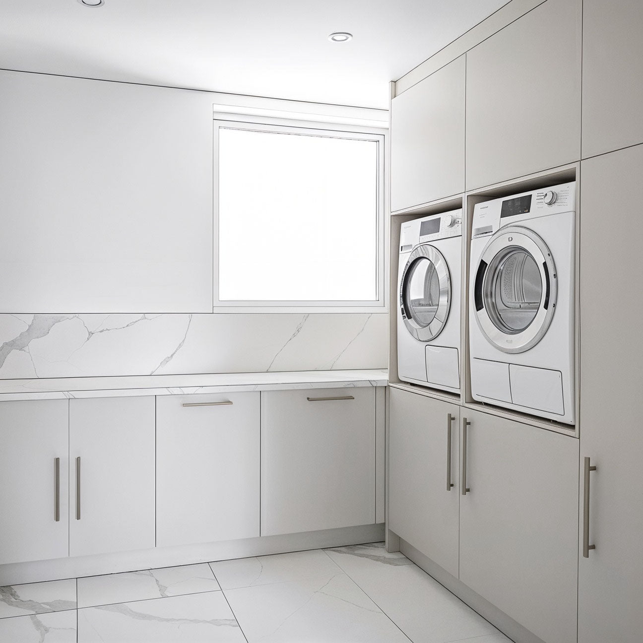 3D-ontwerp van maatwerk wasmachinekast met droger en opbergruimte van De Maat Fabriek