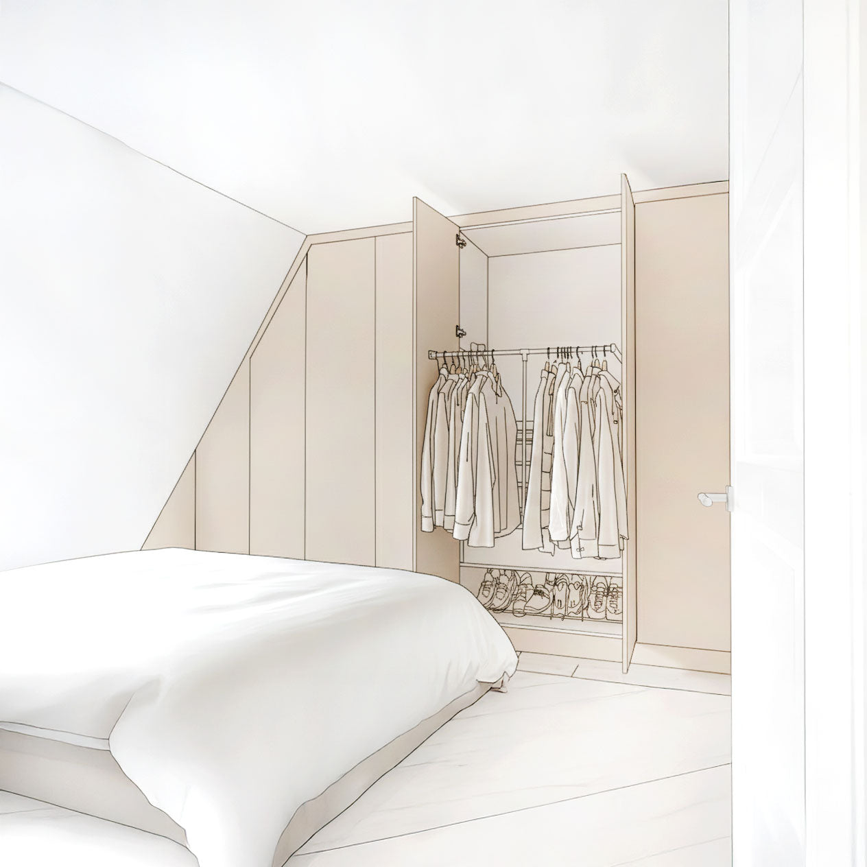 3D ontwerp inbouwkast onder schuin dak De Maat Fabriek voor slaapkamer of zolder