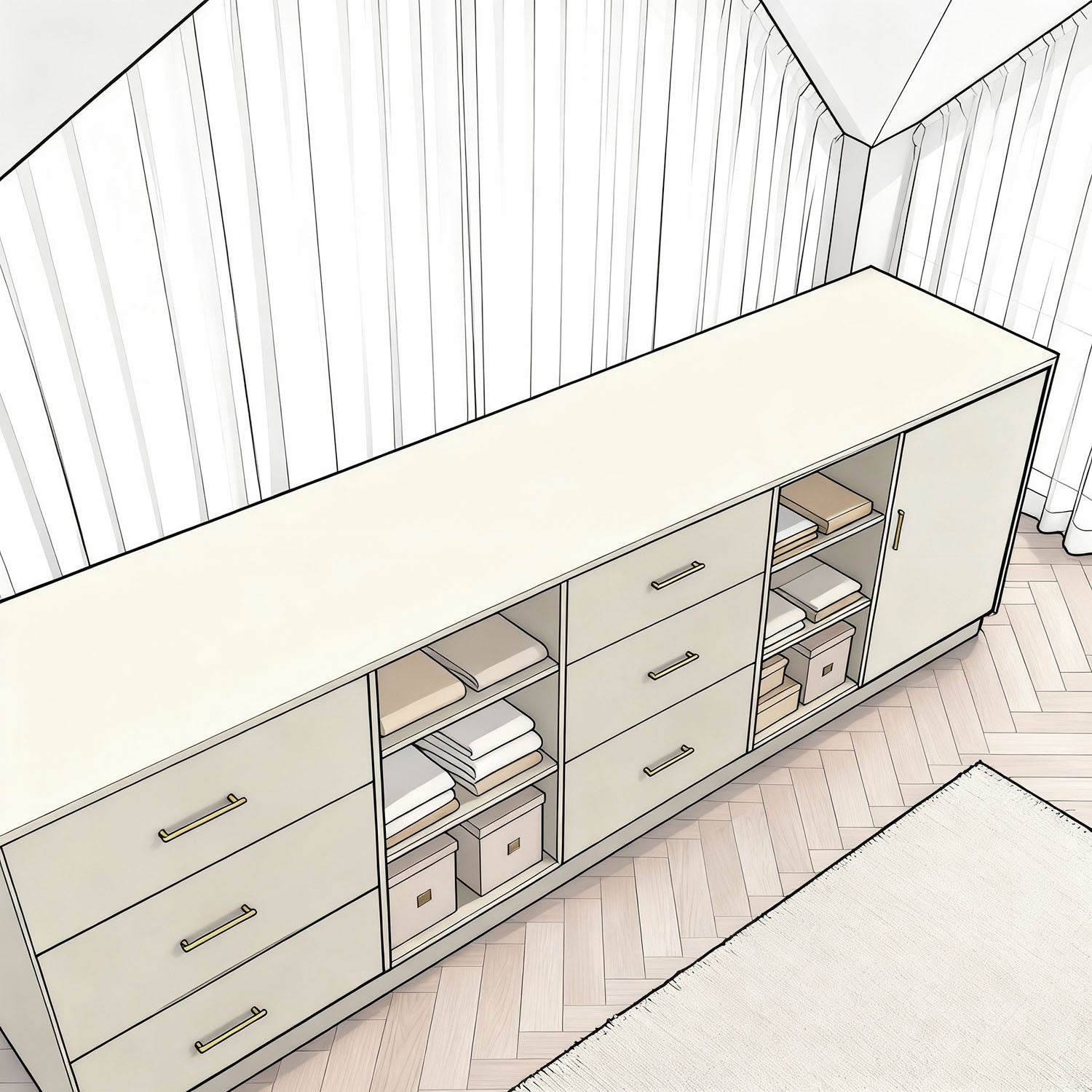 3D ontwerp van lage kast op maat – modern maatwerk interieur van De Maat Fabriek