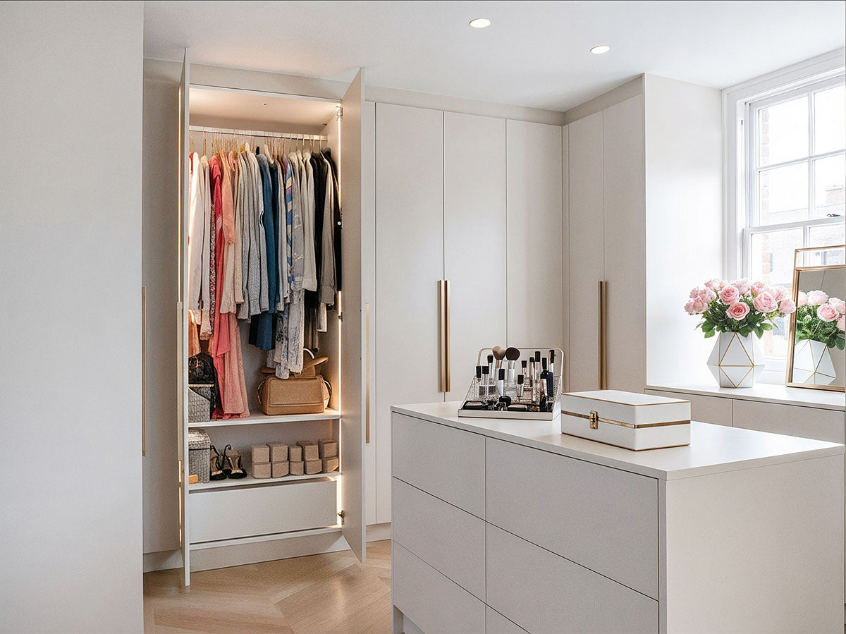 Witte inloopkast op maat met planken – modern interieur op maat van De Maat Fabriek