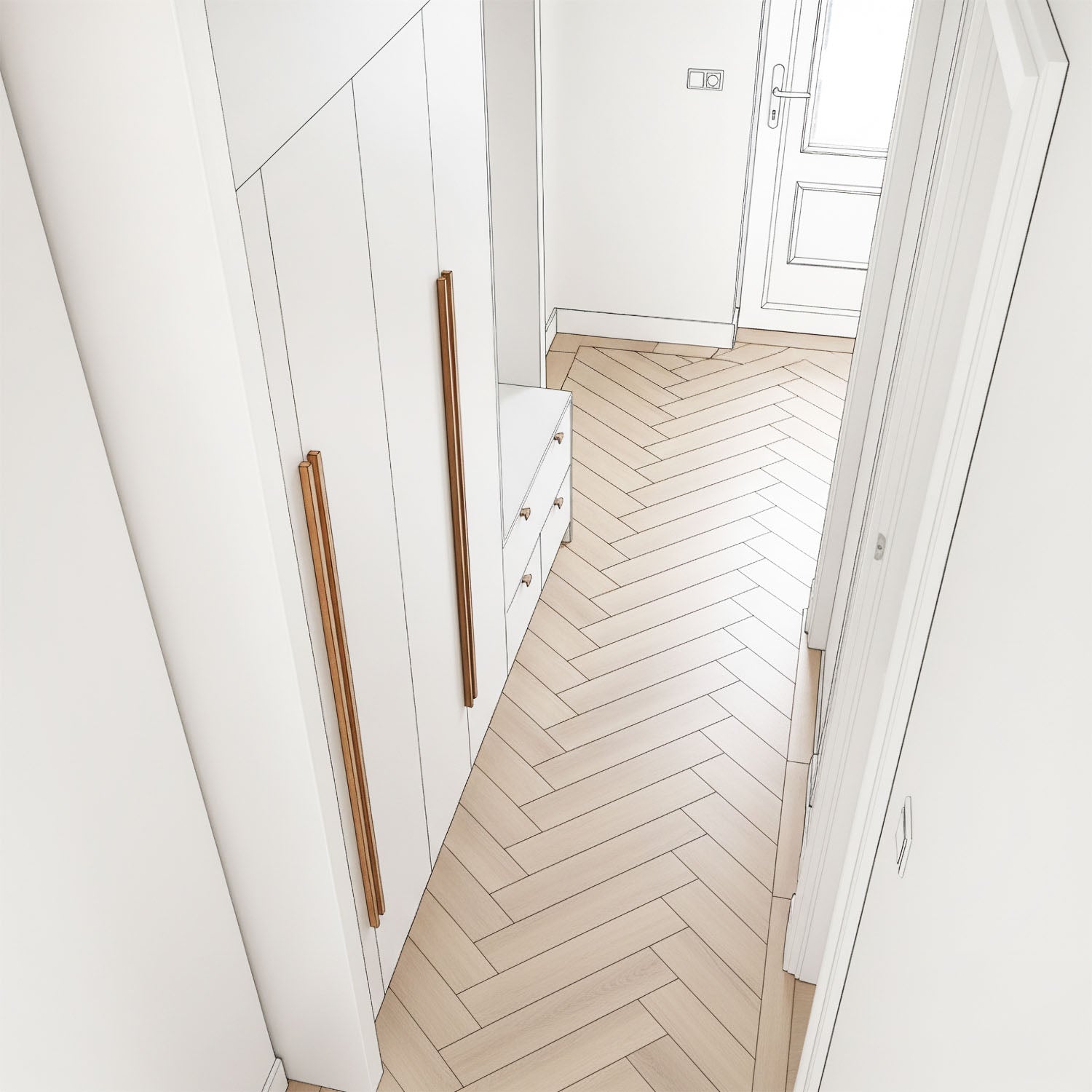 Maatwerk garderobekast met zitbank voor de hal van De Maat Fabriek in linnenlook