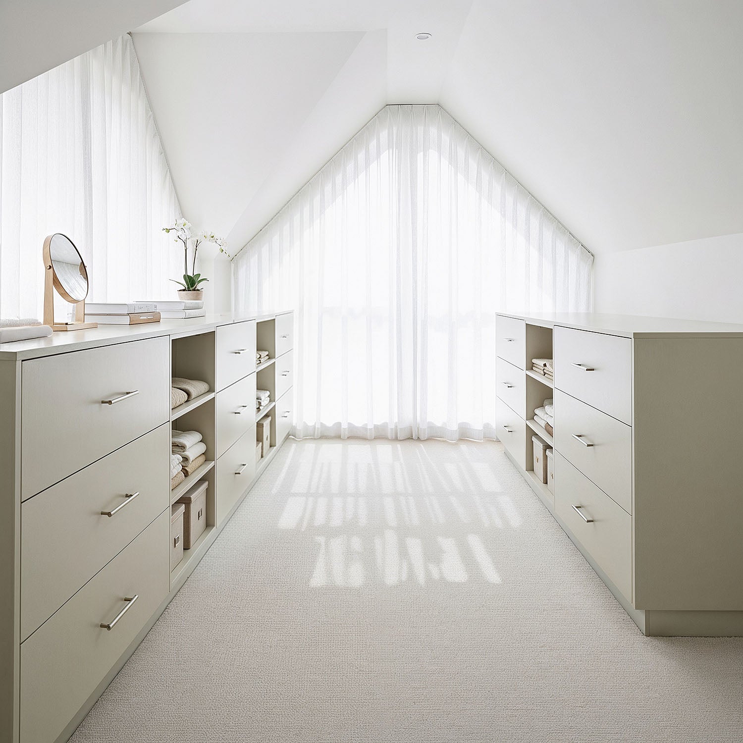 Lage kast op maat van De Maat Fabriek met open vakken en lades mat zacht groen