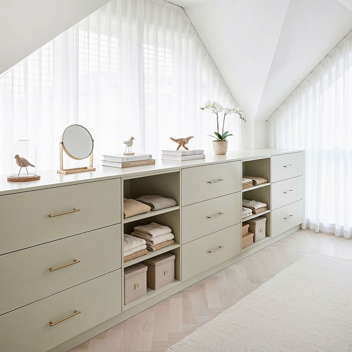 Lage kast op maat in eikenhout met witte fronten – eigentijds maatwerk interieur van De Maat Fabriek