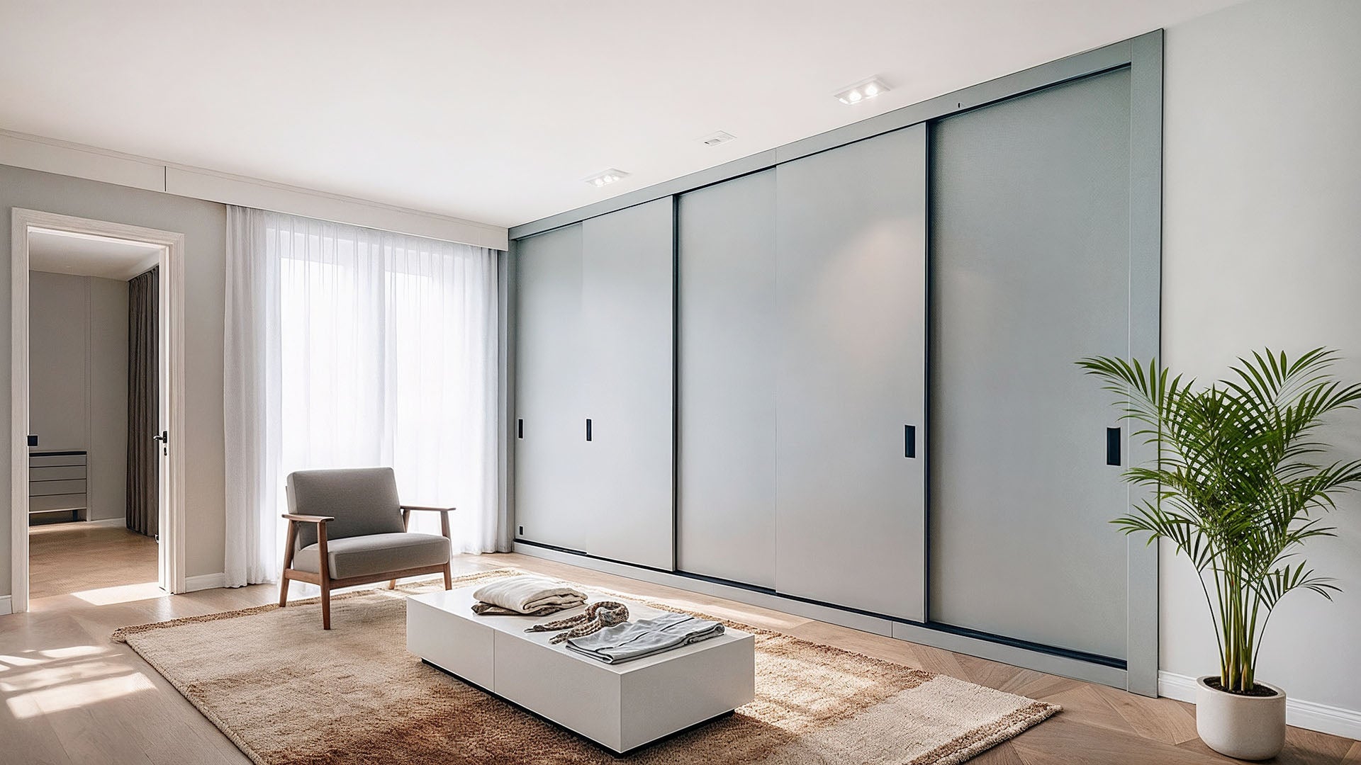 Schuifdeurenkast op maat in witte afwerking met houtaccent – De Maat Fabriek maatwerkkasten