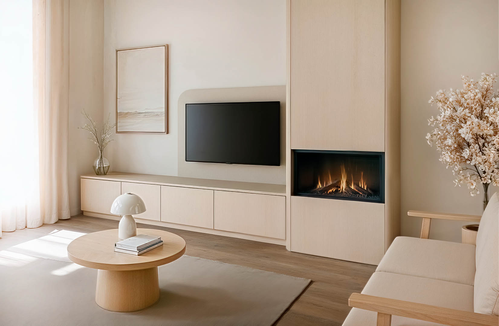 TV-meubel met haard op maat in eikenhout en zwart staal – stijlvol interieur op maat van De Maat Fabriek