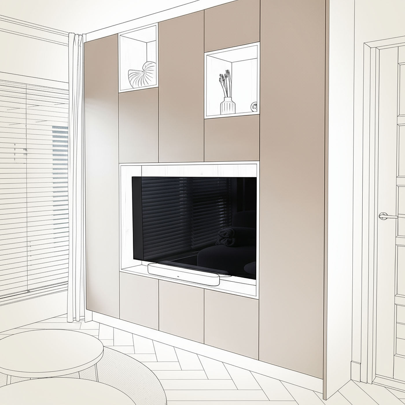 TV-kast op maat in eikenhout met zwart frame – modern interieur op maat van De Maat Fabriek